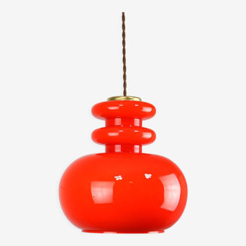 Mid-century Red Glass & Brass Pendant Lamp