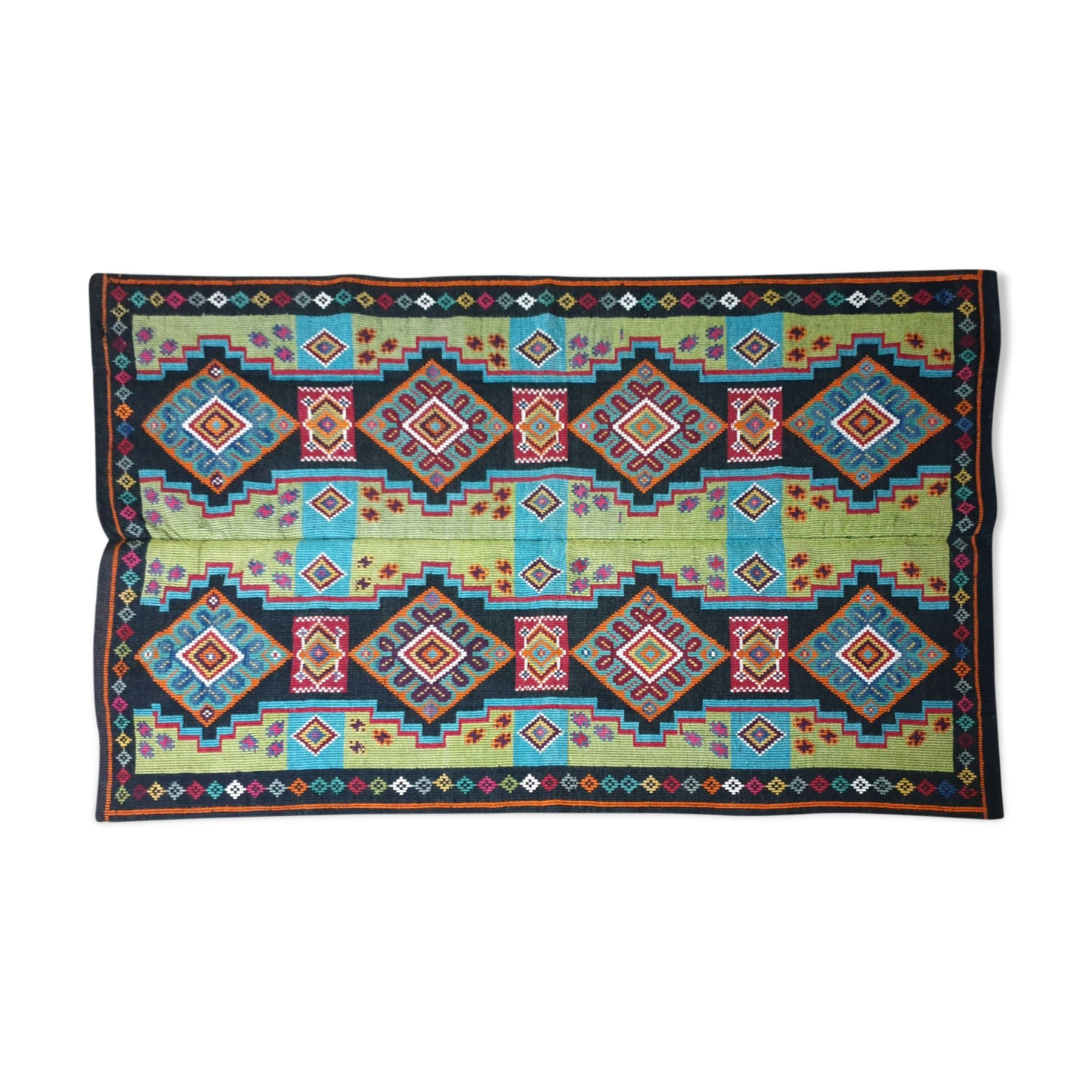 Handwoven vintage accent geometrical rug, colorful wool, Romanian carpet 220x146cm