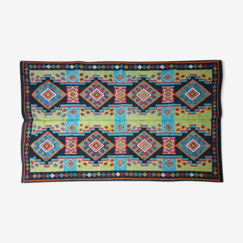 Handwoven vintage accent geometrical rug, colorful wool, Romanian carpet 220x146cm