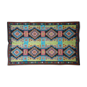 Handwoven vintage accent geometrical rug, colorful wool, Romanian carpet 220x146cm