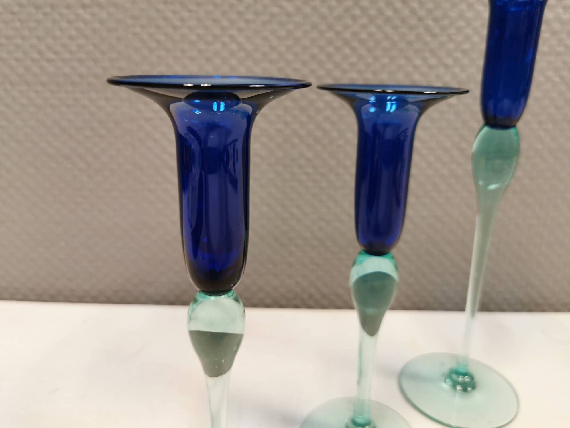 Royal Copenhagen set of 3 candle holders, model Harlequin in blue/turquoise glass.