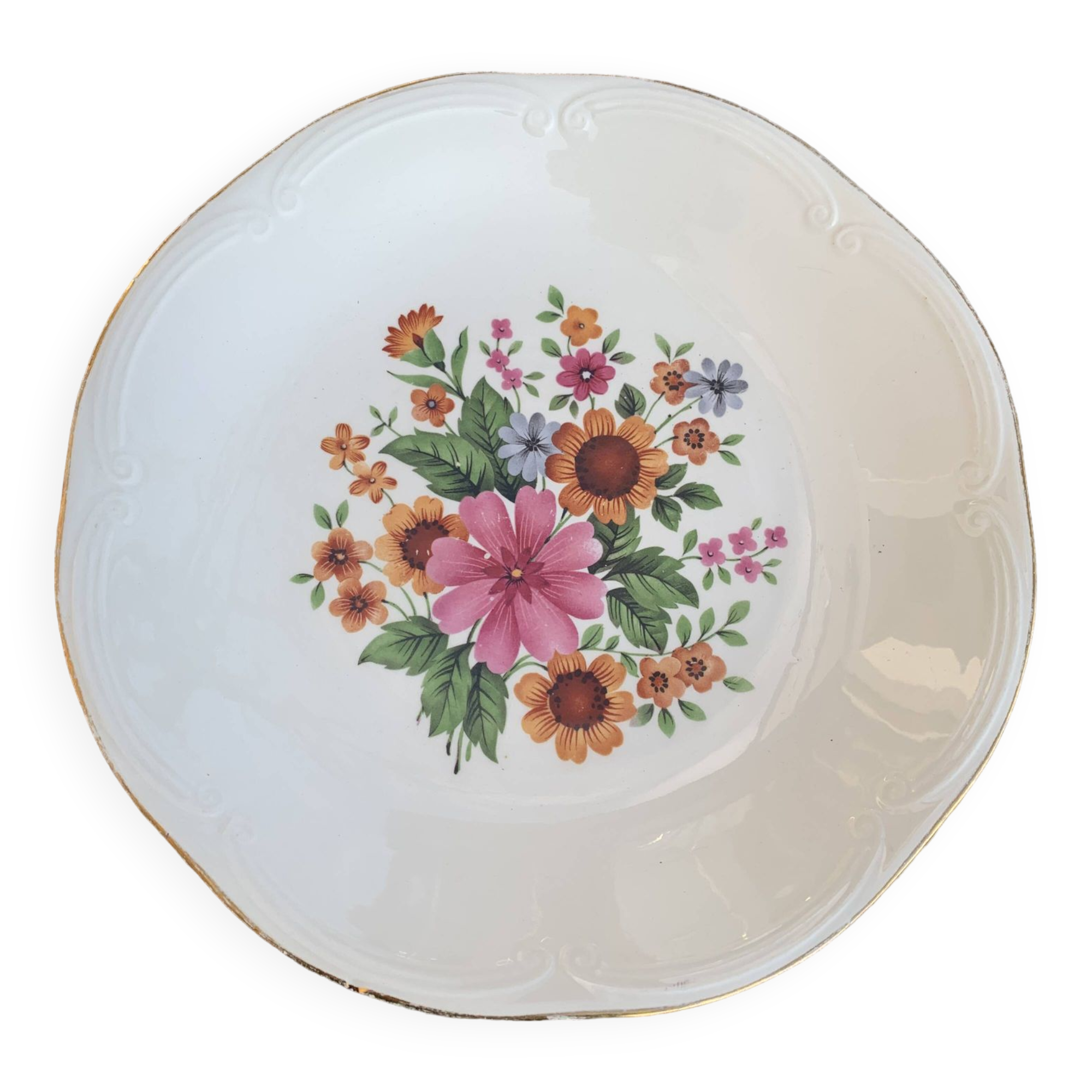 Plat Creux En Faïence – Motif Floral Multicolore – Brillant – Occasion