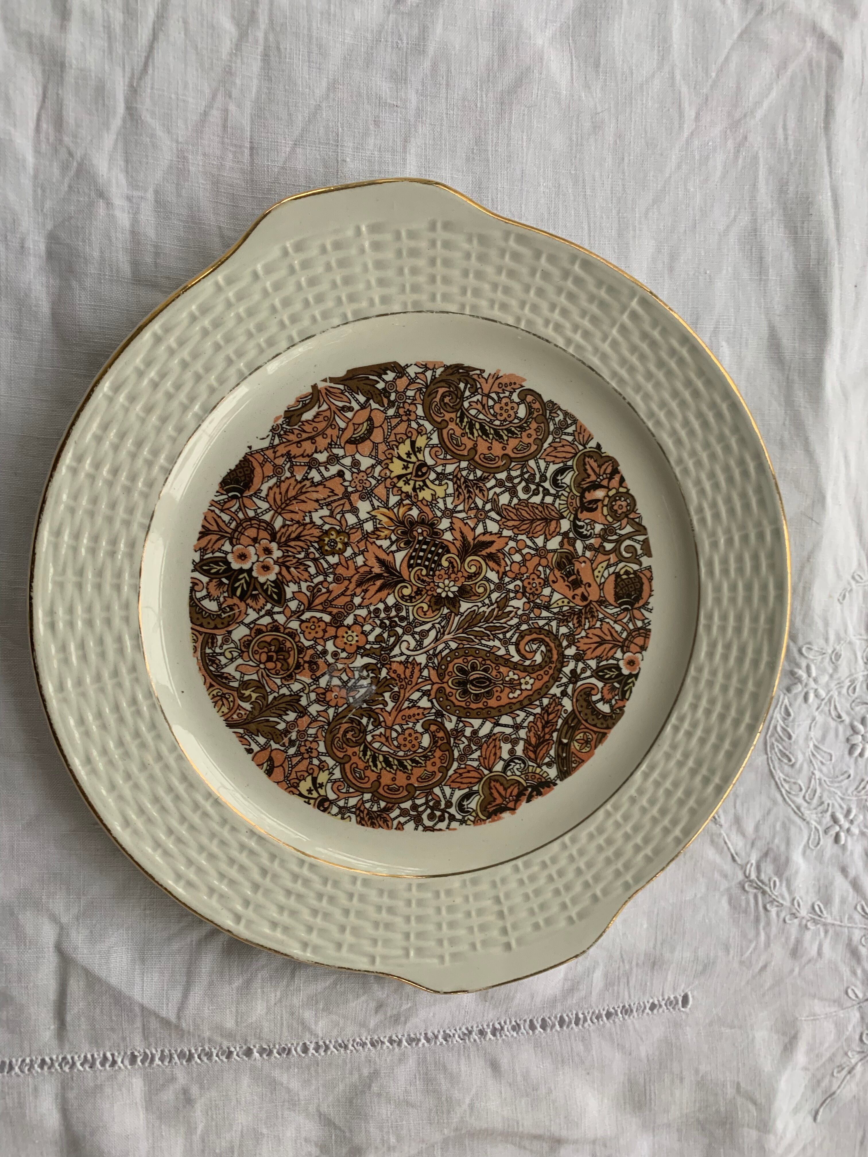 Plat à gâteaux en faïence motif cachemire vintage