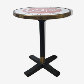 Table bistro enamelled brass foot strapping solid wood