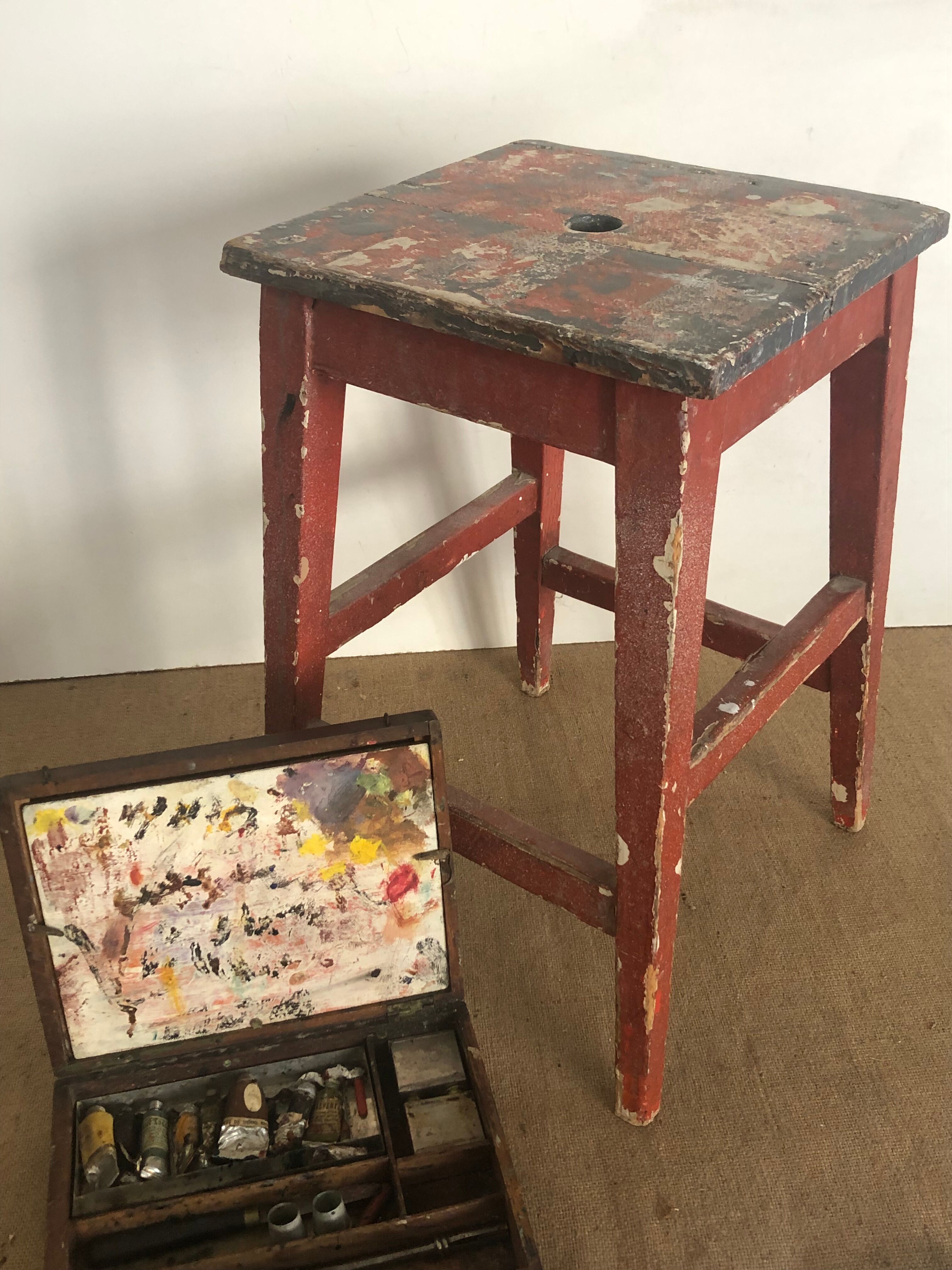 Old stool, burgundy, wabi-sabi