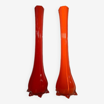 Paire vases soliflore verre orange Murano