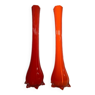 Paire vases soliflore verre orange Murano