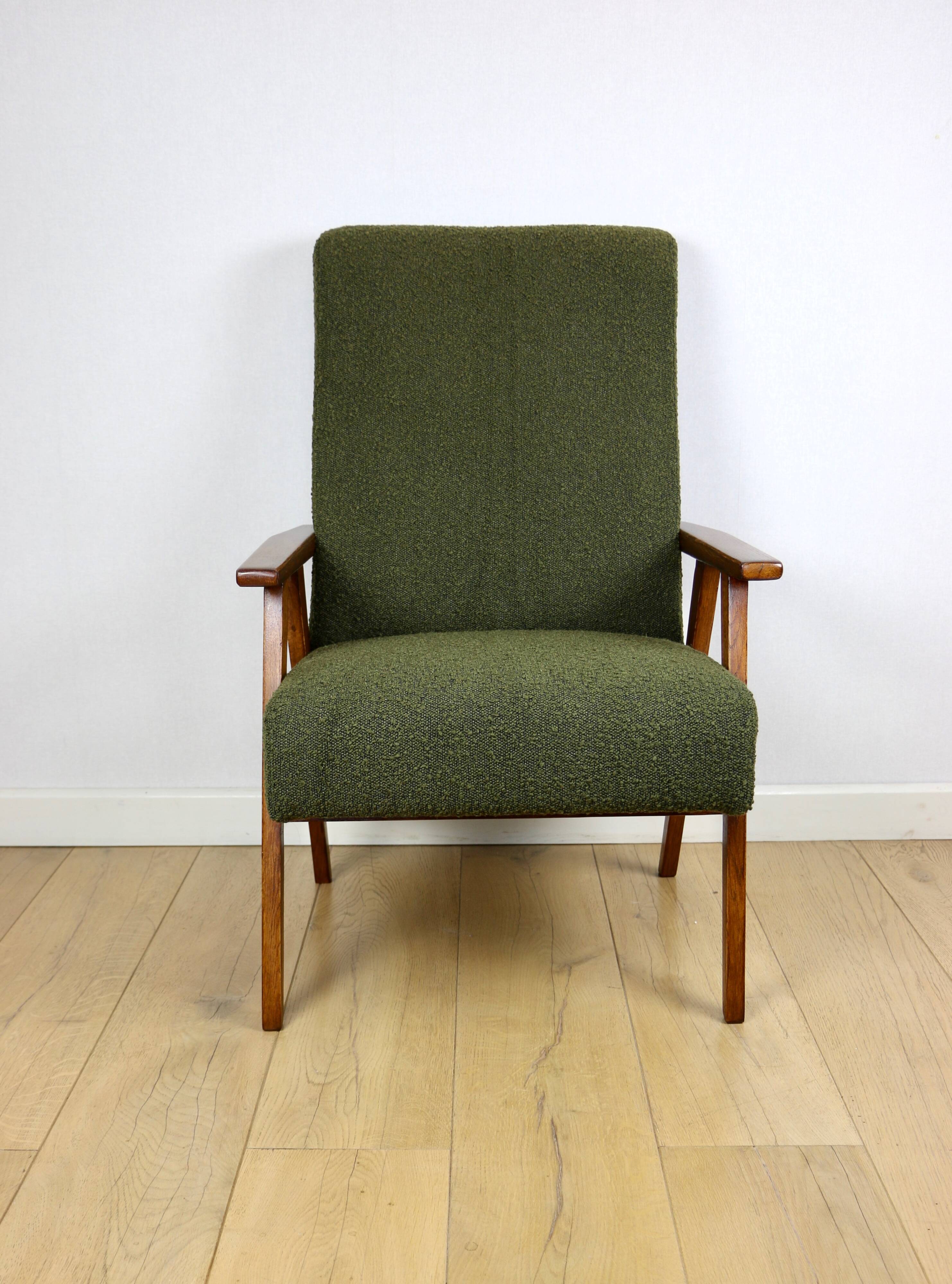 Fauteuil design vintage loft vert olive bouclé haut