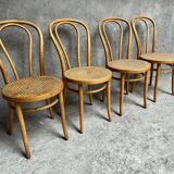 Set of 4 vintage bistro chairs in curved wood and cane seats 1950 1960