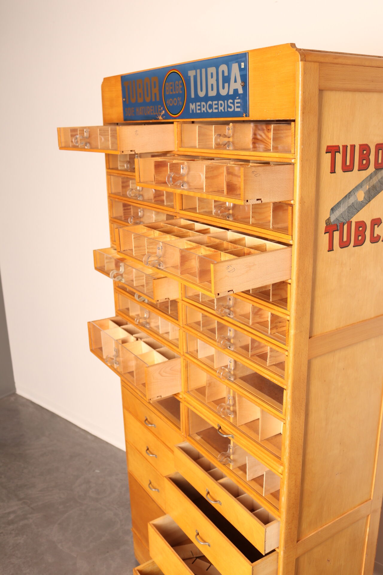 Xl vintage haberdashery 'tubor tubca' by poreye & fils - belgium - 1950's