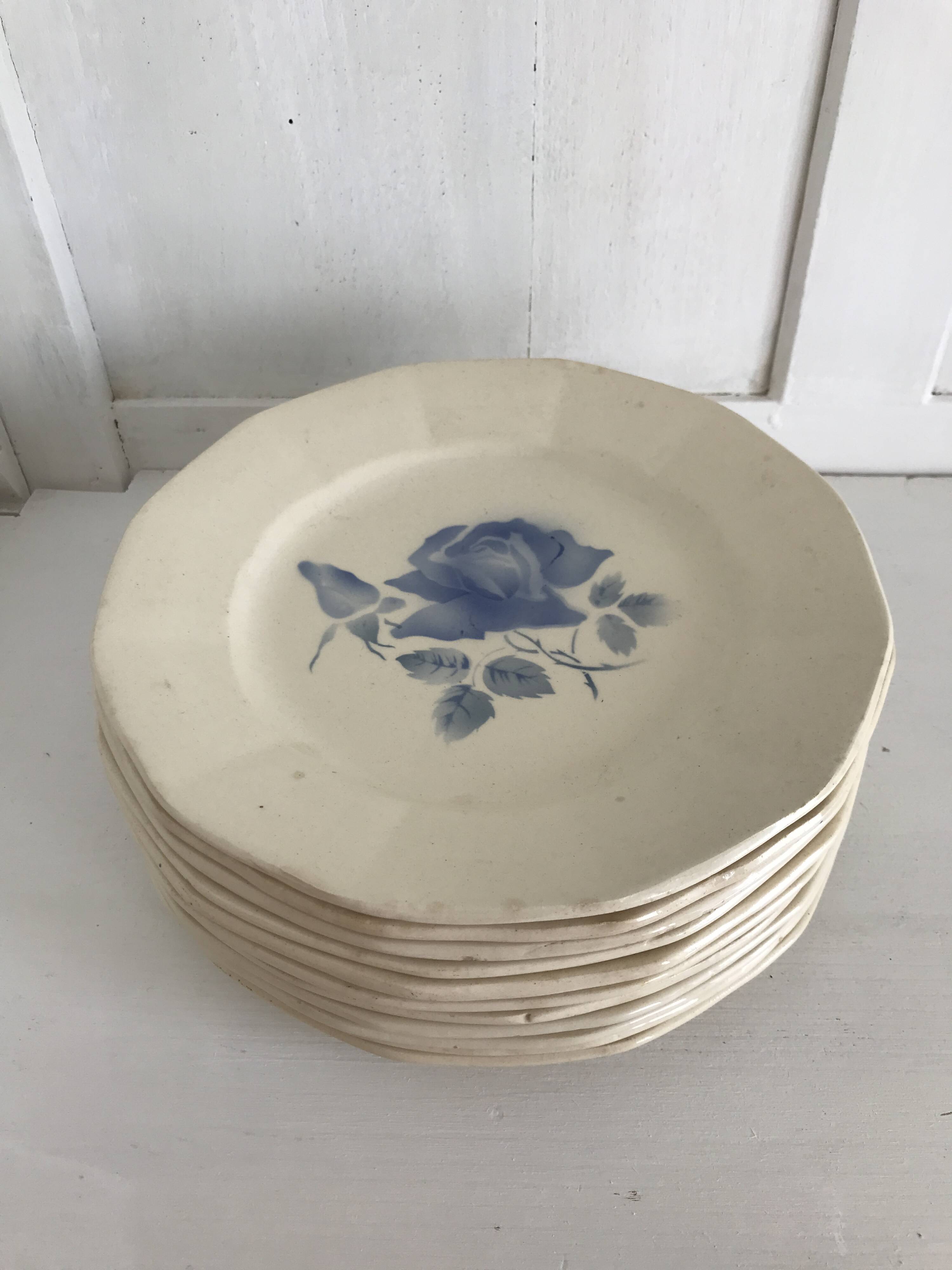 Set of 11 Digoin flat plates, blue rose patterns