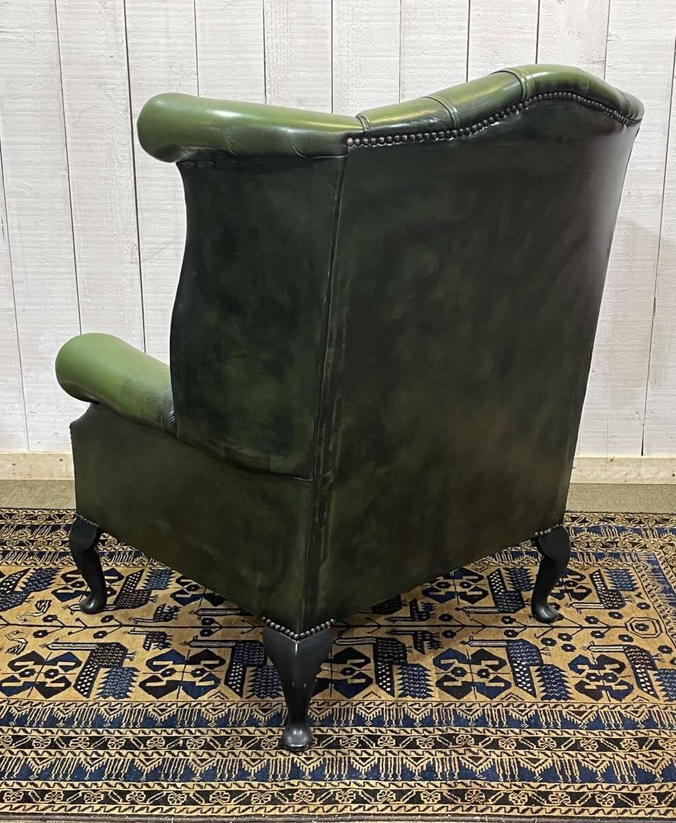 1970s Chesterfield Wingback Chair in Green Leather