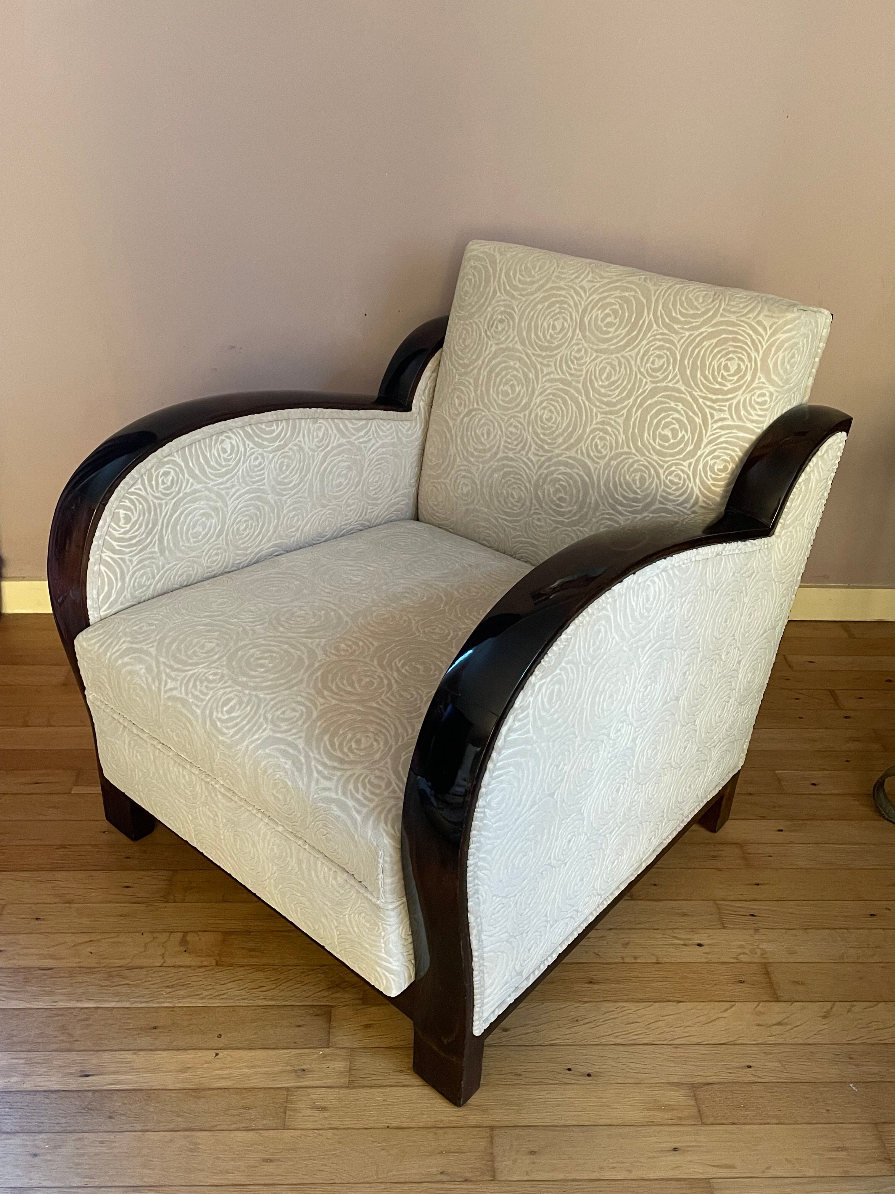 Art-deco convertible armchair in tinted beech and ivory-colored cotton velvet fabric