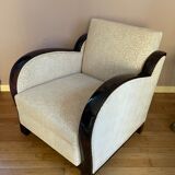 Art-deco convertible armchair in tinted beech and ivory-colored cotton velvet fabric