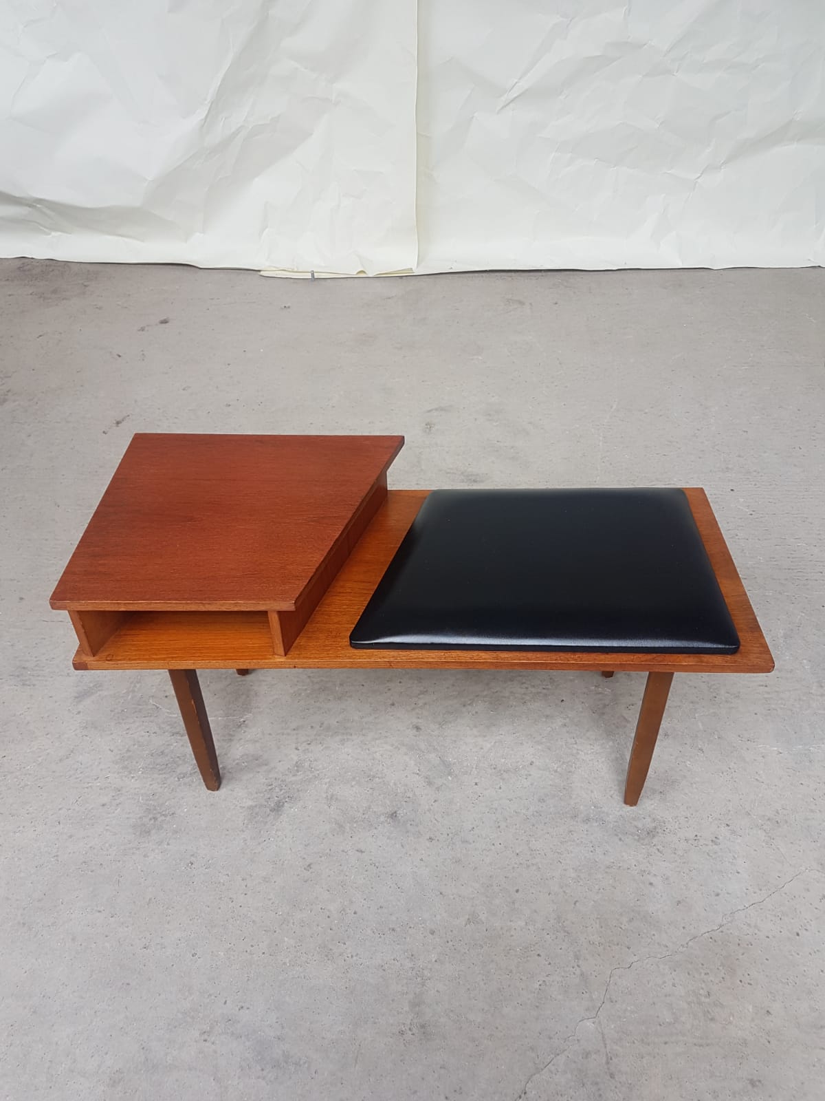 Vtg Mid Century Teak Vinyl Hallway Telephone Chair Table Bench Stool Danish 70s