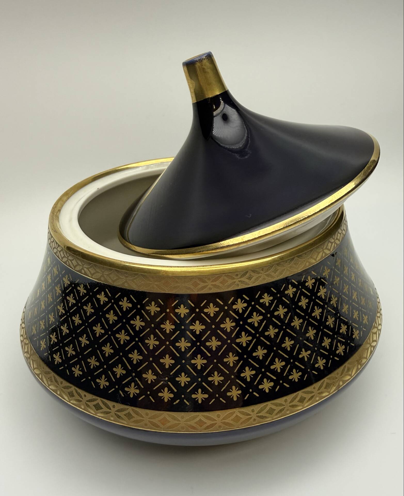Vintage cobalt blue and gold porcelain bonbonnière.