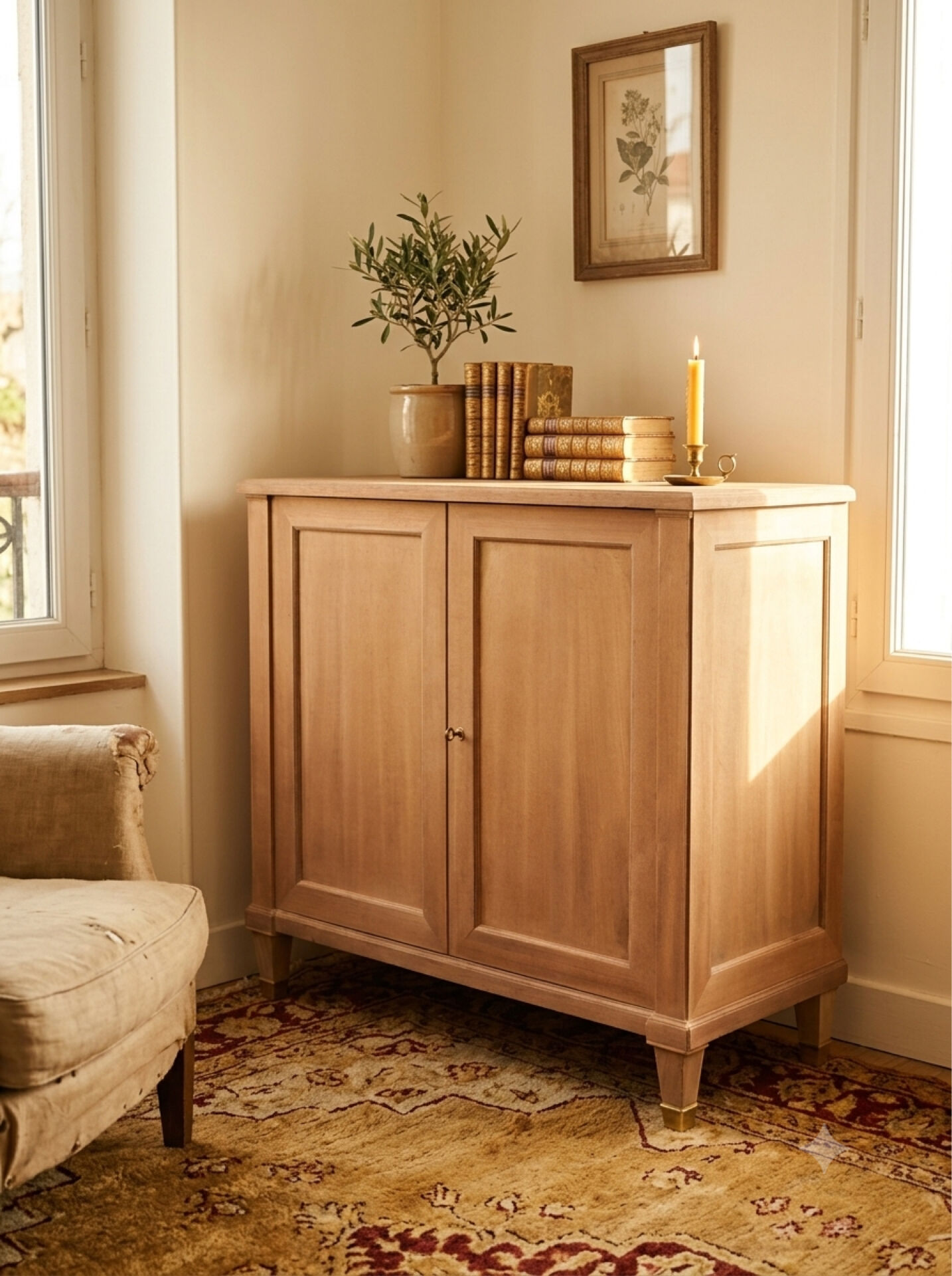 Louis XVI buffet, shallow, stripped, made of solid mahogany, 1950.