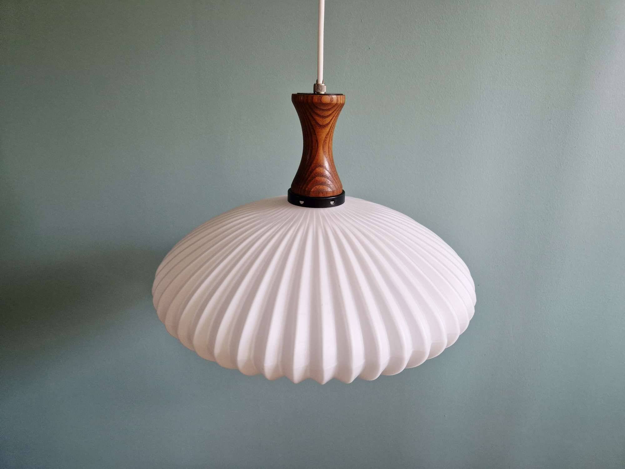 Teak and pleated white opaline suspension, Massive, 1960