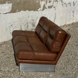 Salon complet en aluminium brossé et cuir marron, France 1970