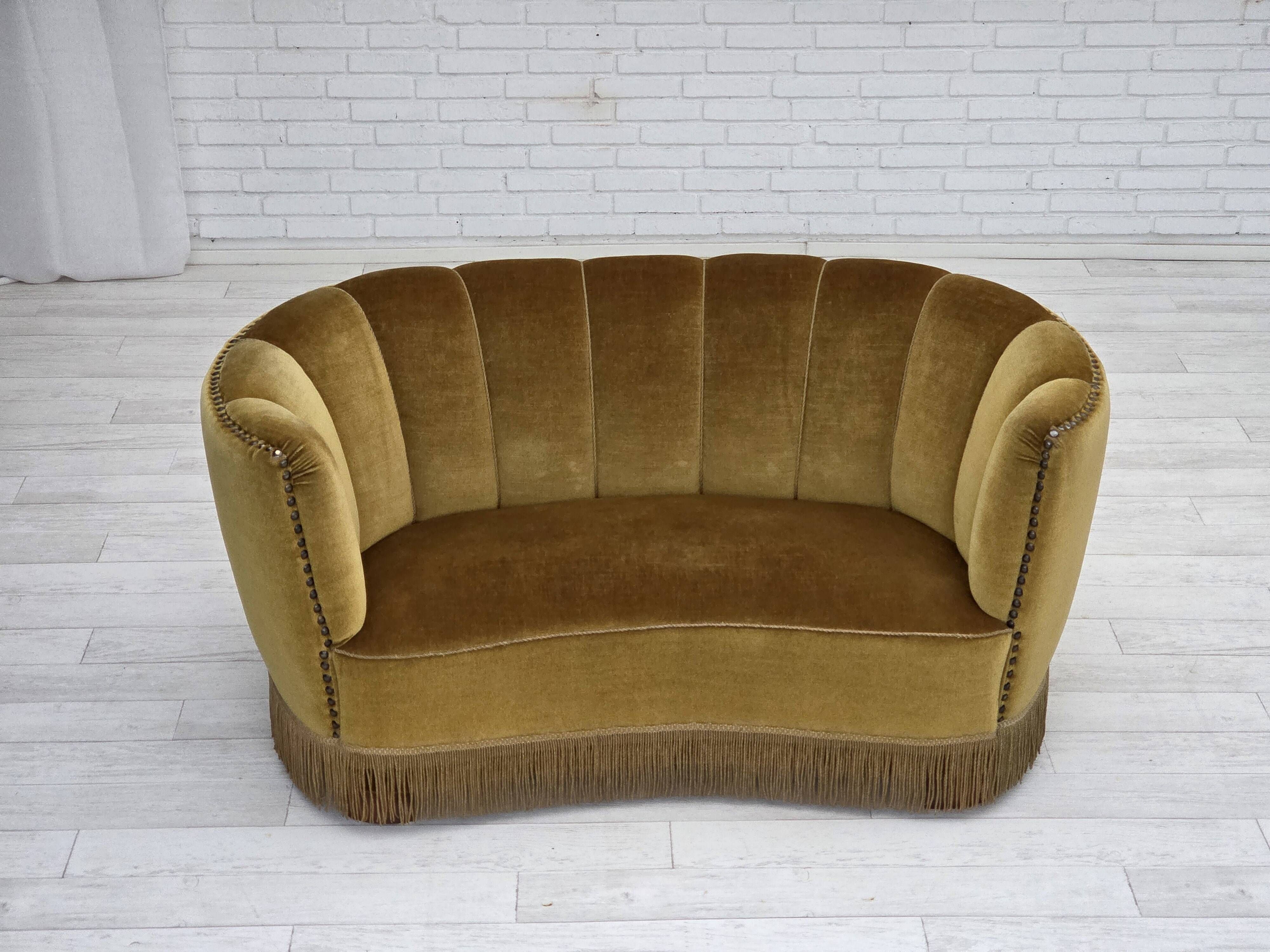 1960s, Danish 2-seater "Banan" sofa, green furniture velour, oak wood.