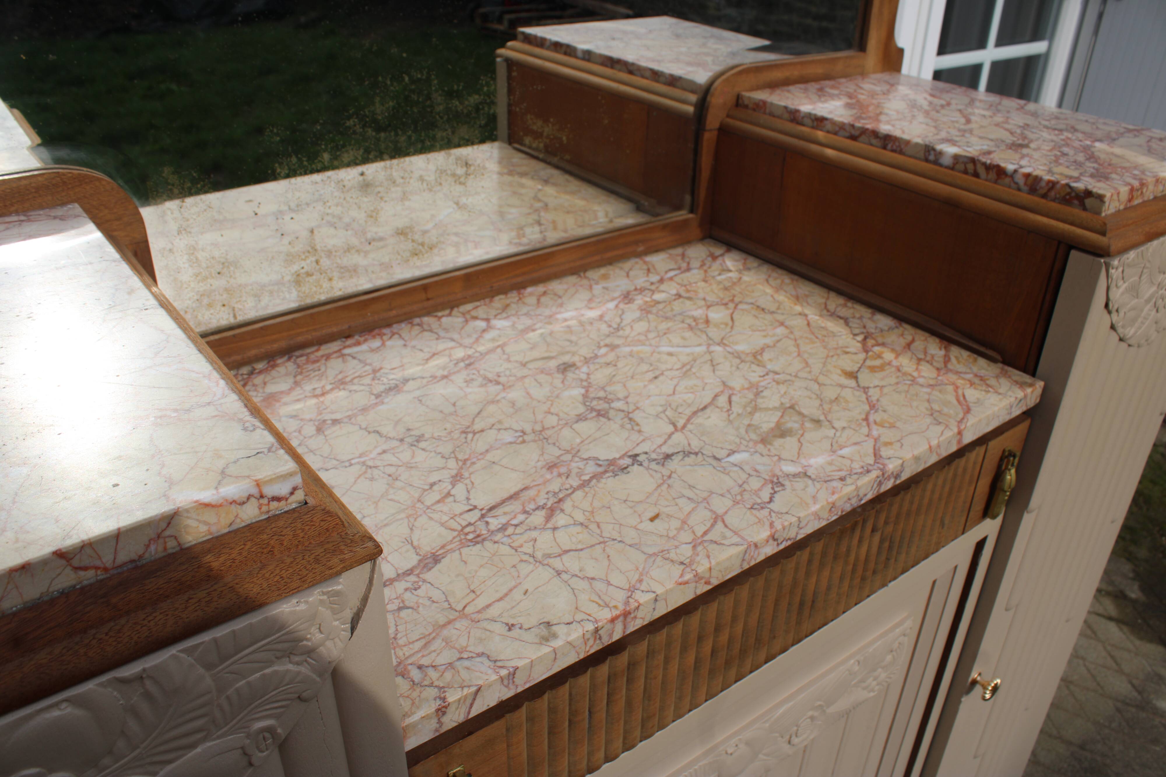 Renovated Art Deco buffet, pink marble and original mirror.