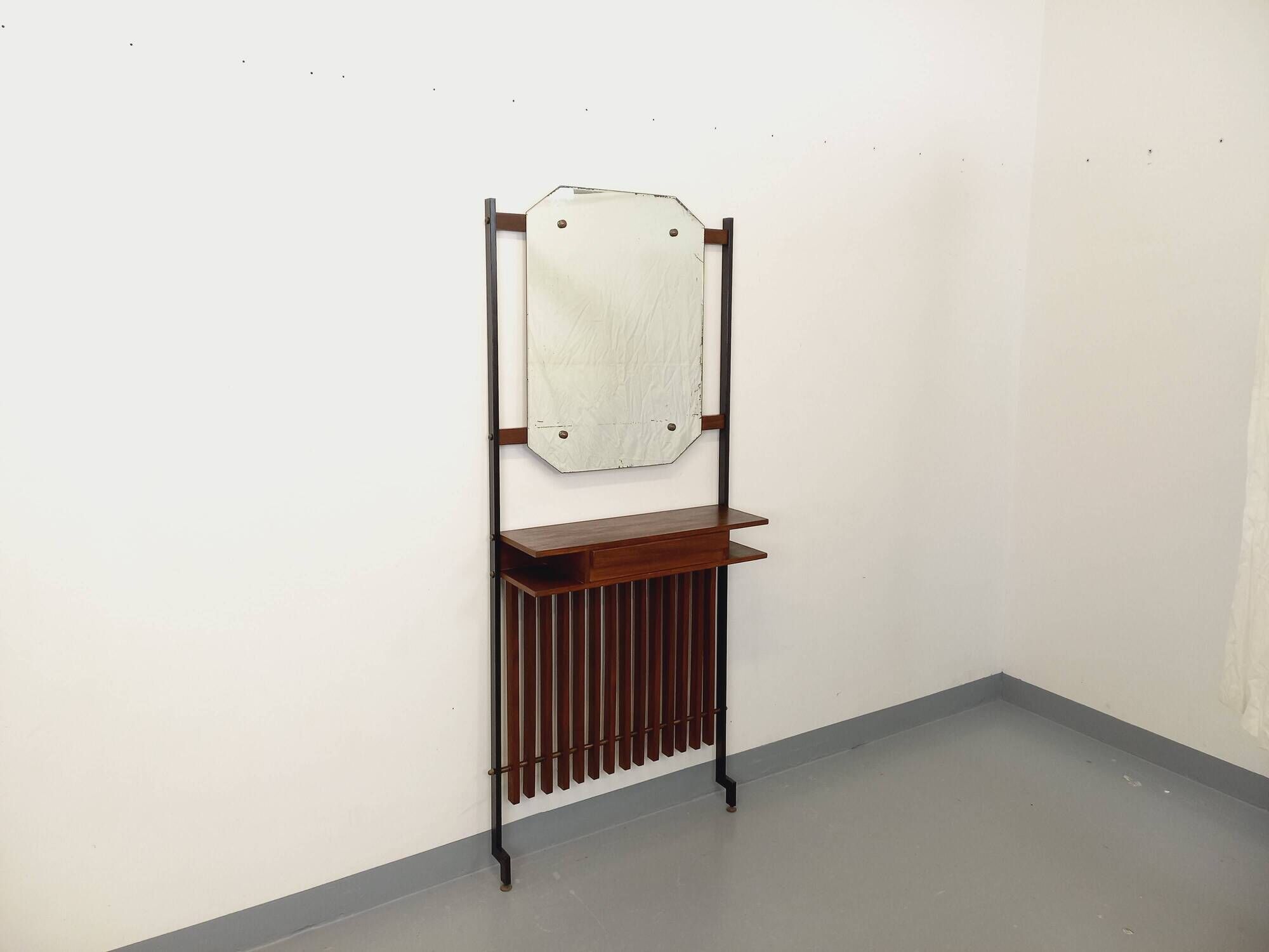 Vintage Italian hall cabinet with mirror and teak shelves