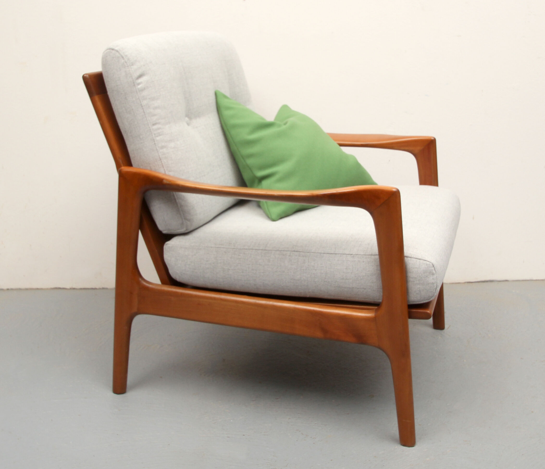 1960s armchair in cherrywood, light grey with green cushion