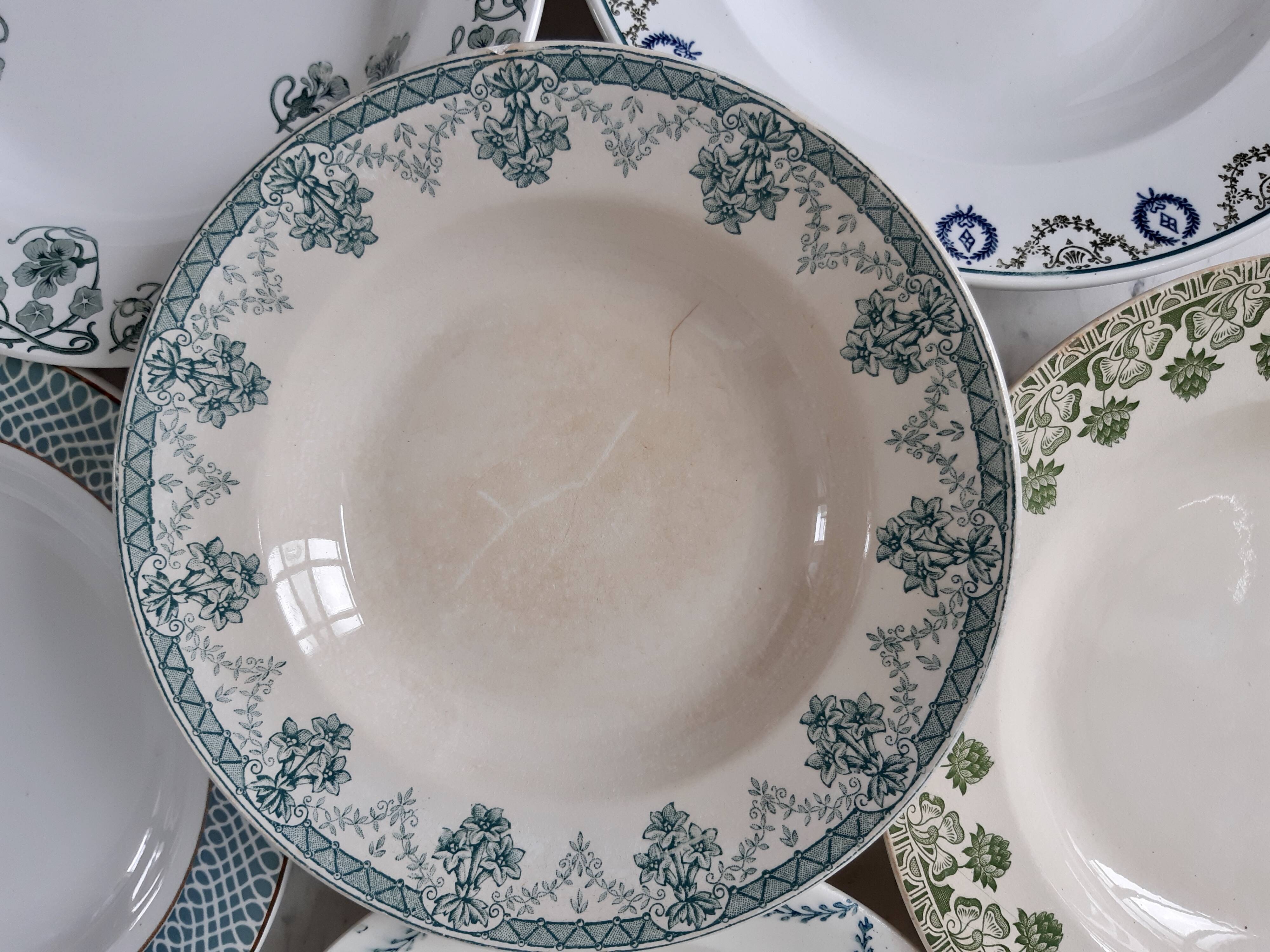 Set of 6 mismatched green hollow plates St Amand, Badonvillier, Salins and Bosch