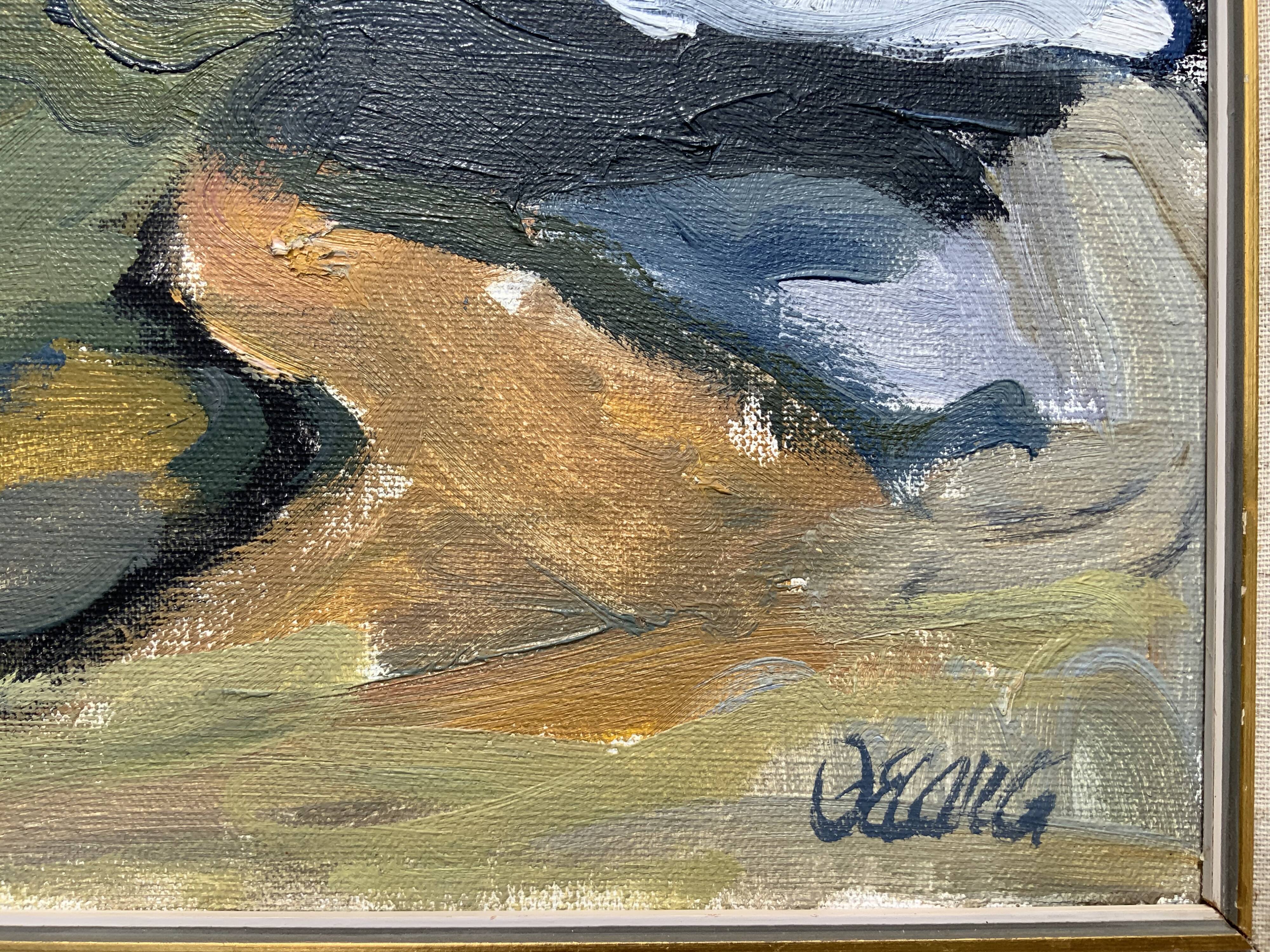 Peinture à l'huile sur toile expressionniste vintage "Maisons de bateaux", Stig Delang 76