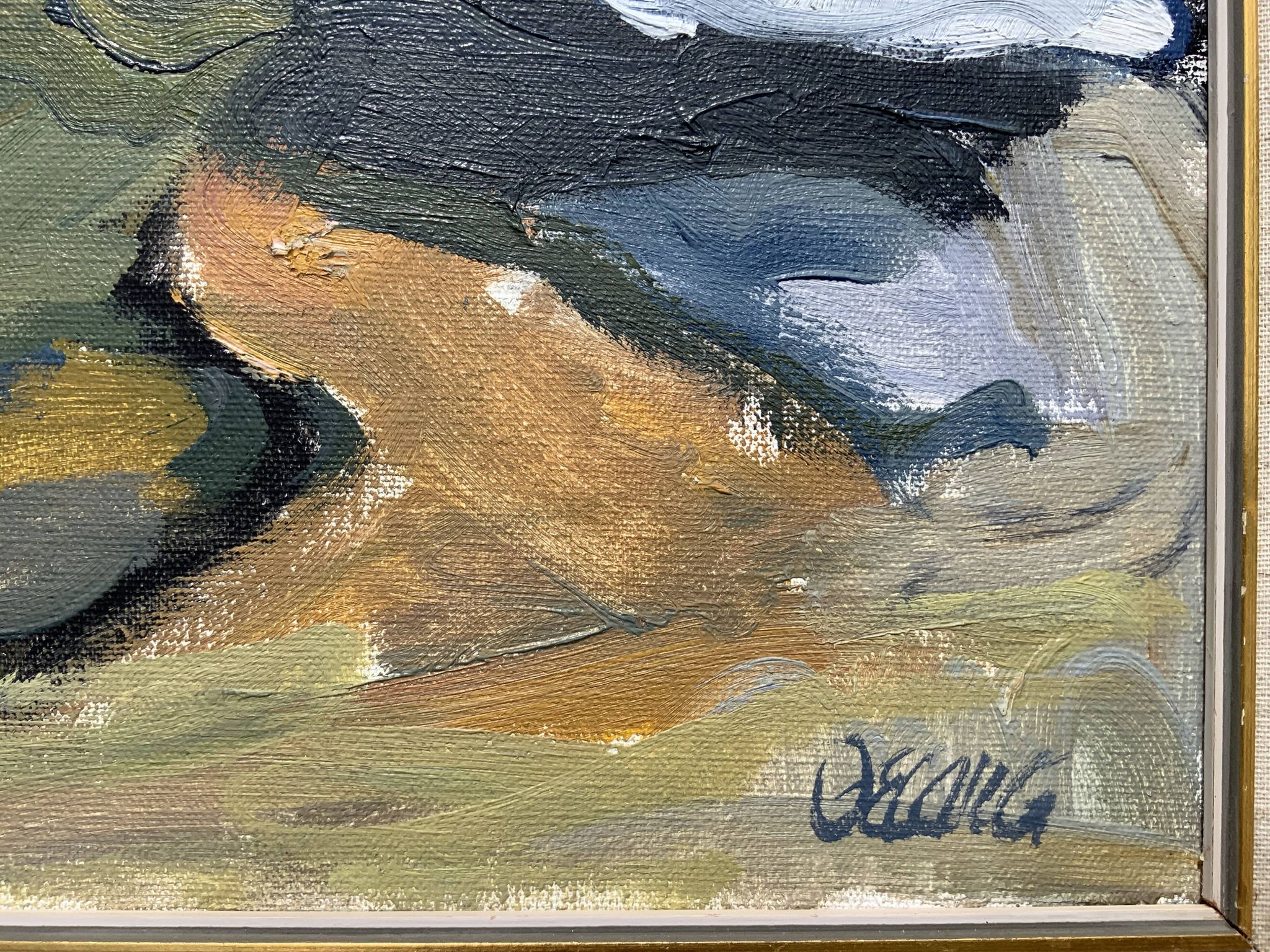 Vintage Expressionists Oil on Canvas painting ”Boathouses”, Stig Delang 76
