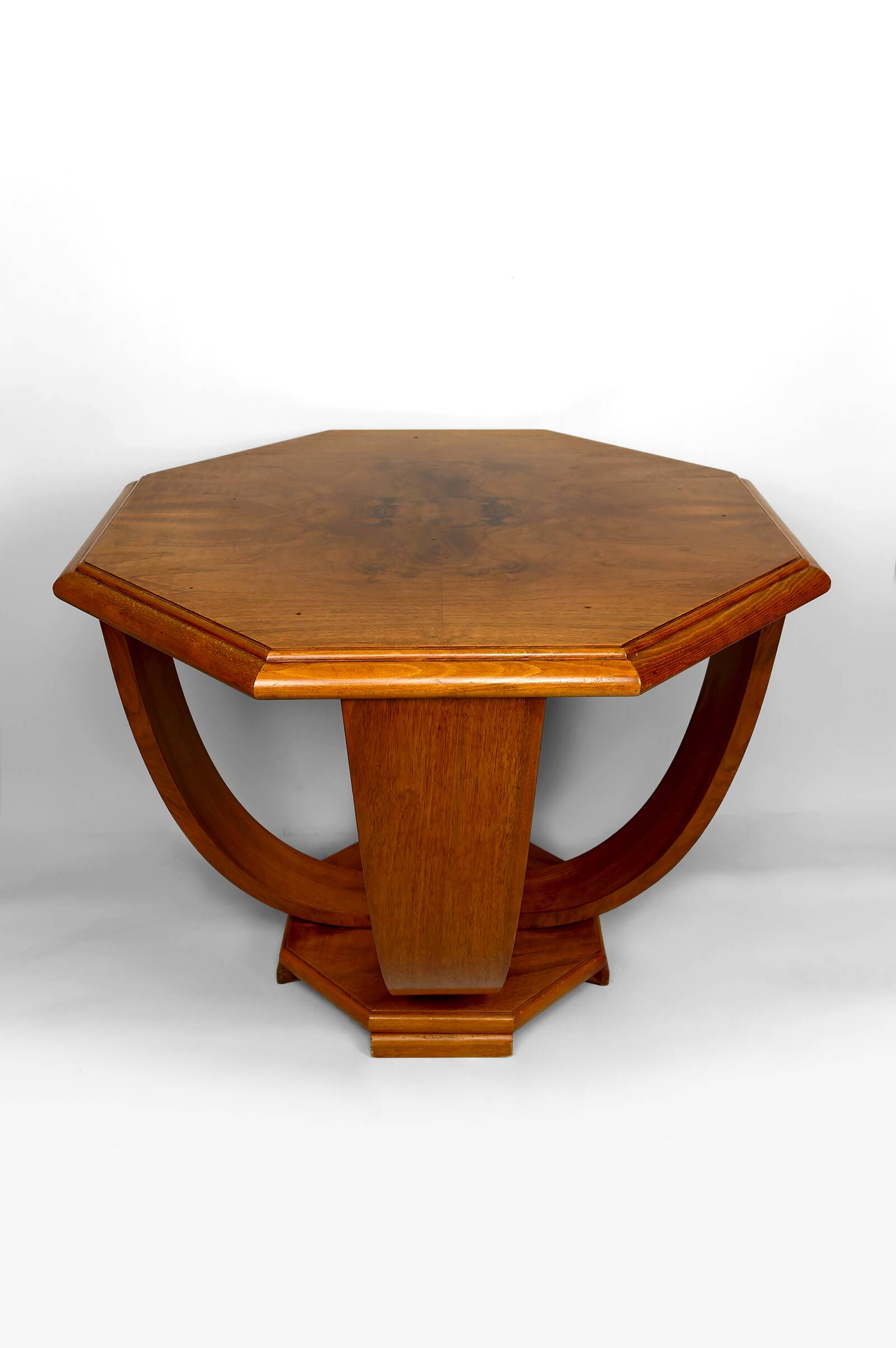 Octagonal Walnut Pedestal Table, Art Deco Modernist, France, c. 1930