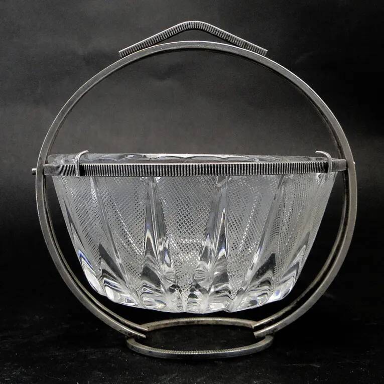 Art Deco sugar bowl, glass, silver-plated brass, Poland, 1920s