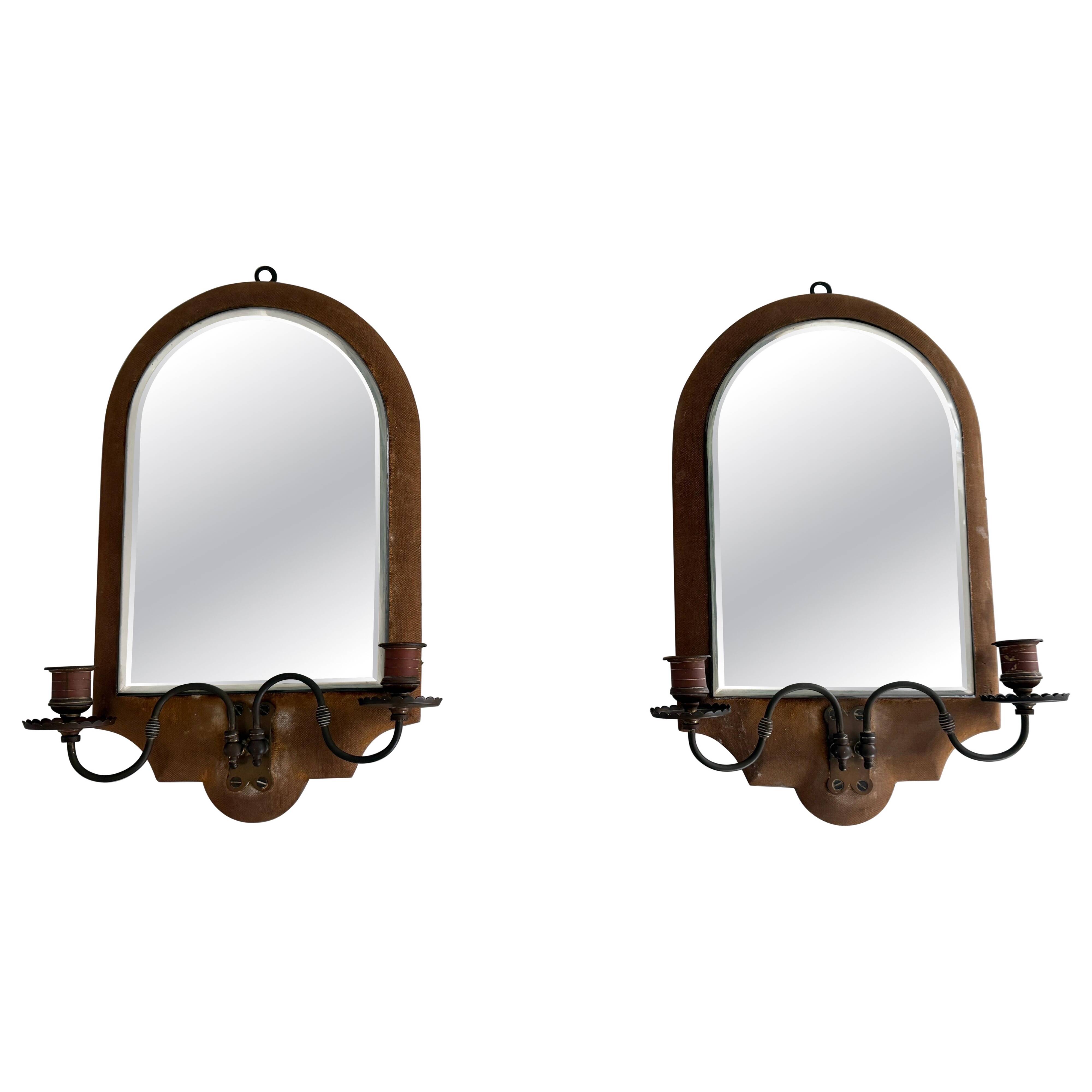Pair of brass double-headed candlesticks with mirrors, 1940s, Italy
