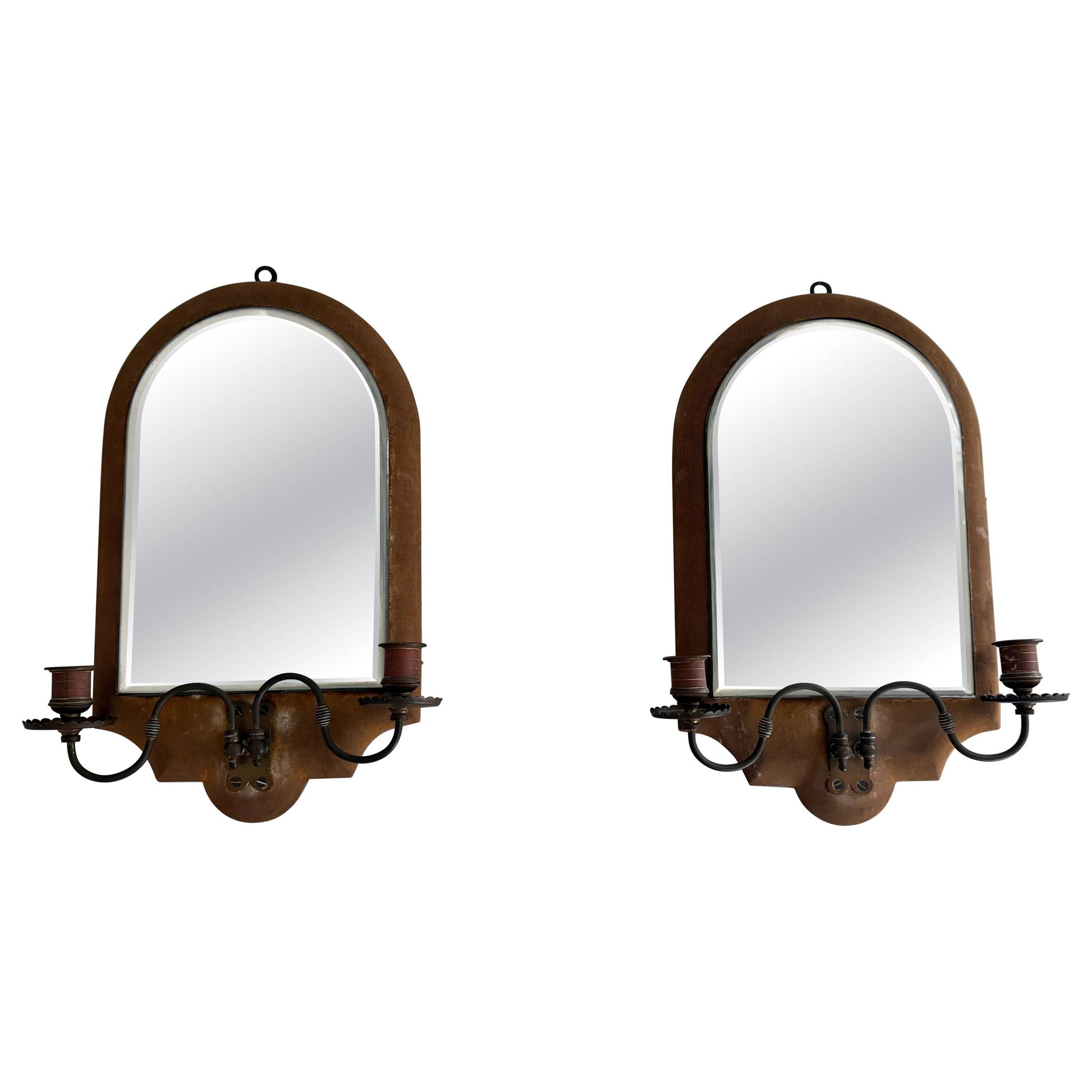 Pair of brass double-headed candlesticks with mirrors, 1940s, Italy