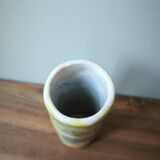 Handmade ceramic vase with blue and yellow bubble pattern