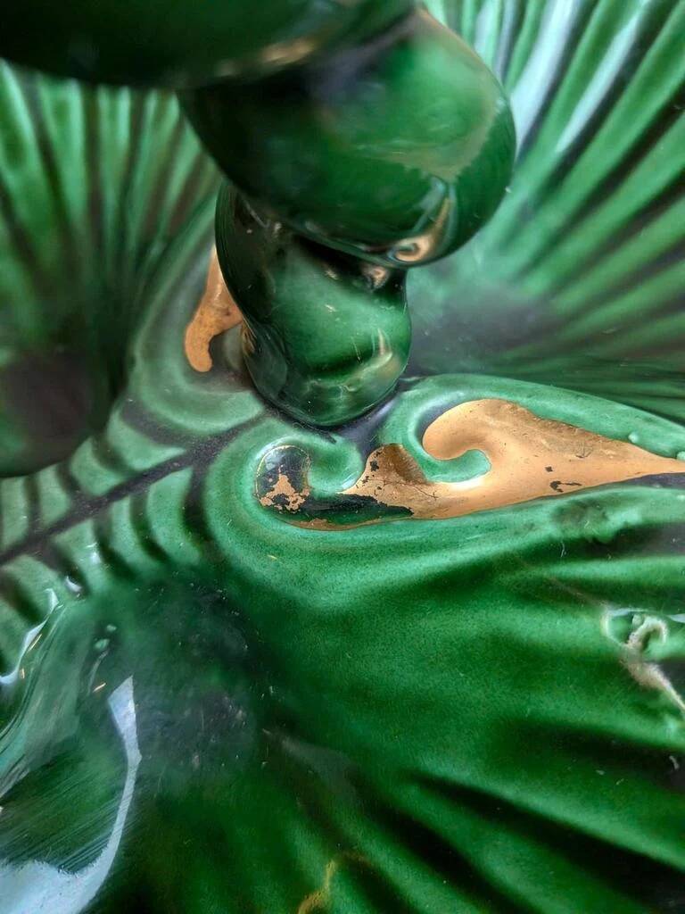 Vintage ceramic server in green with shell design, Vallauris style.