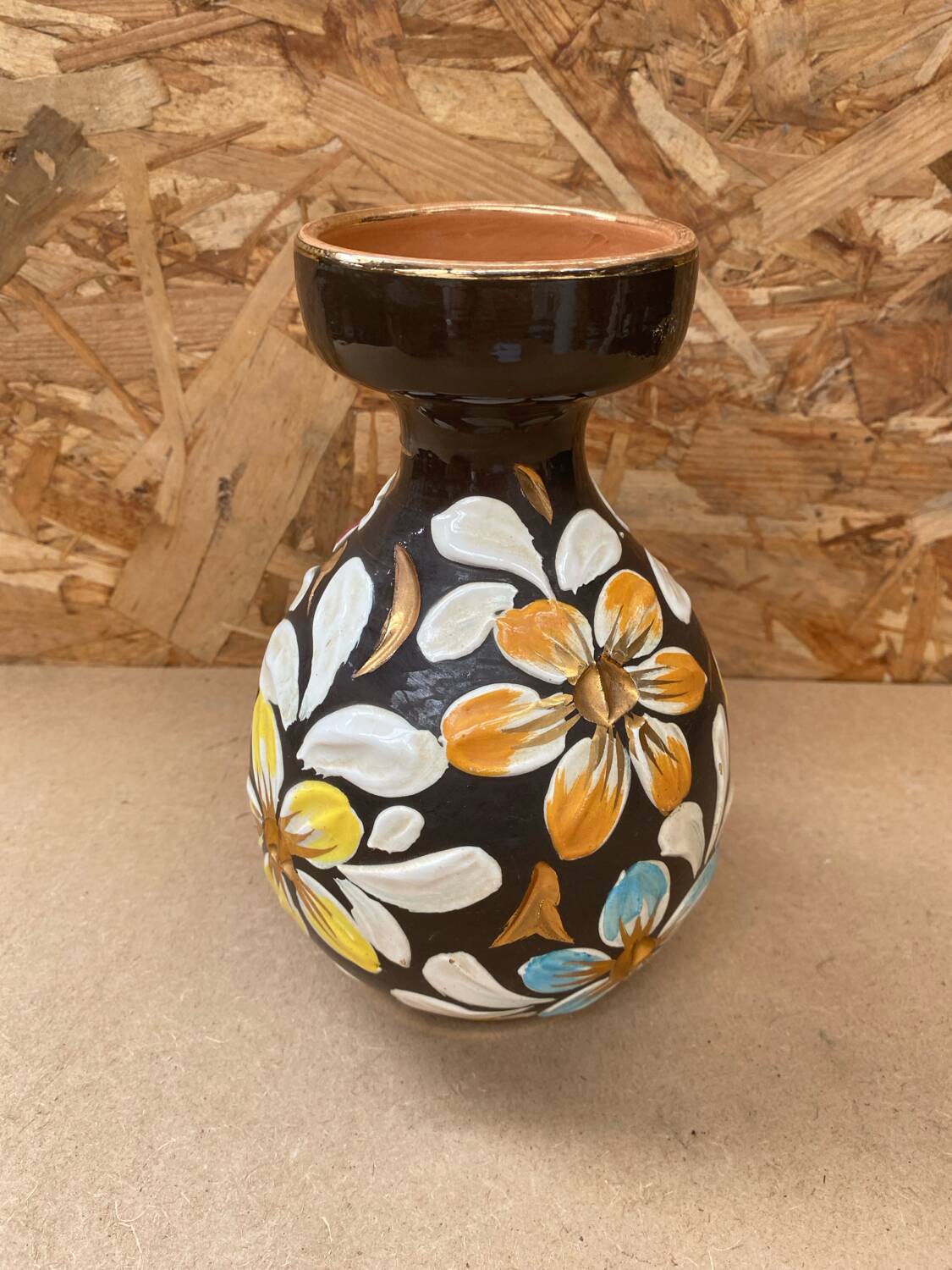 Antique glazed terracotta vase flower decor made in italy vintage