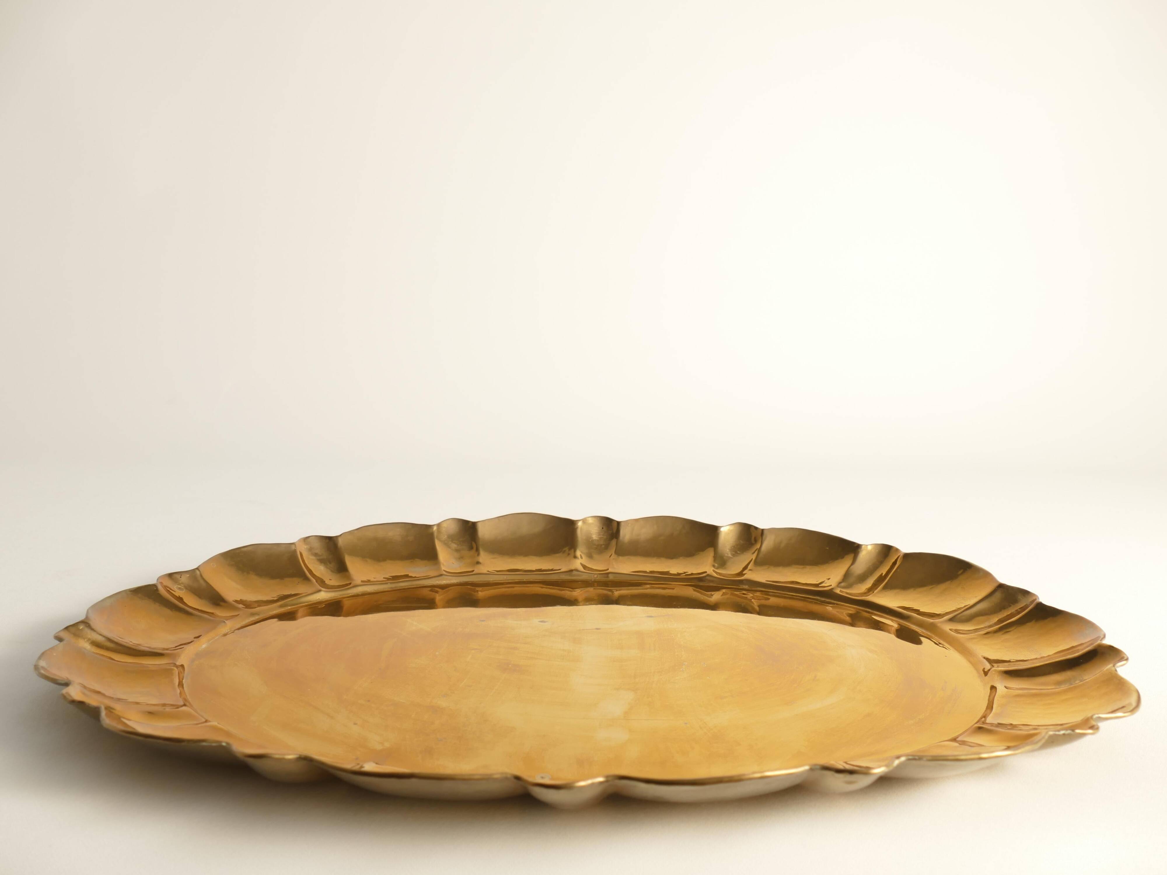 Hollywood Regency Large Oval Brass Tray by Firma Lars Holmström, Sweden 1940's