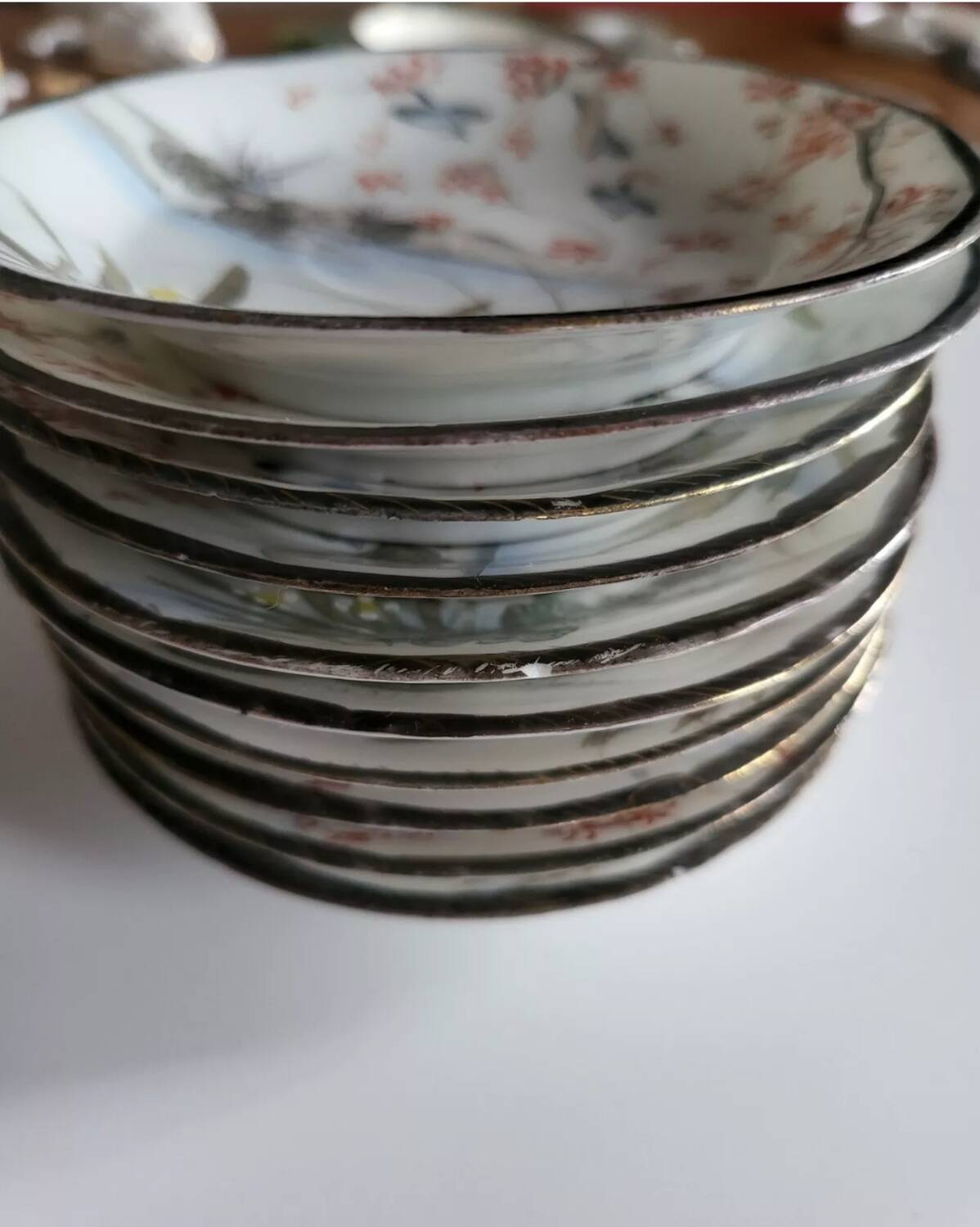 Series of 10 Fine Porcelain Cups and Saucers with Japanese Decor
