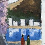 Modern swedish "the lake" tenerife landscape, framed oil painting