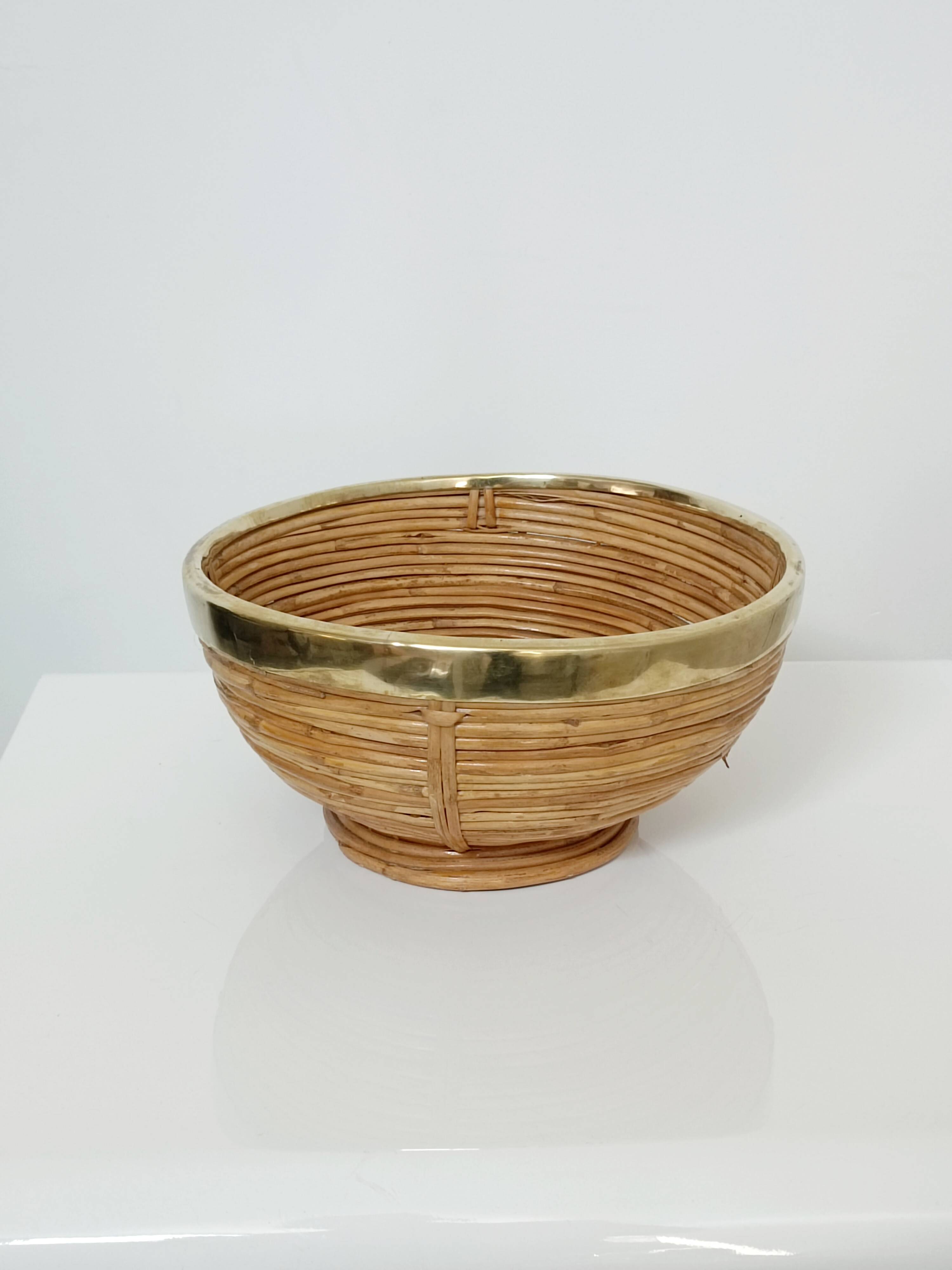 Rattan and brass fruit bowl 1970s