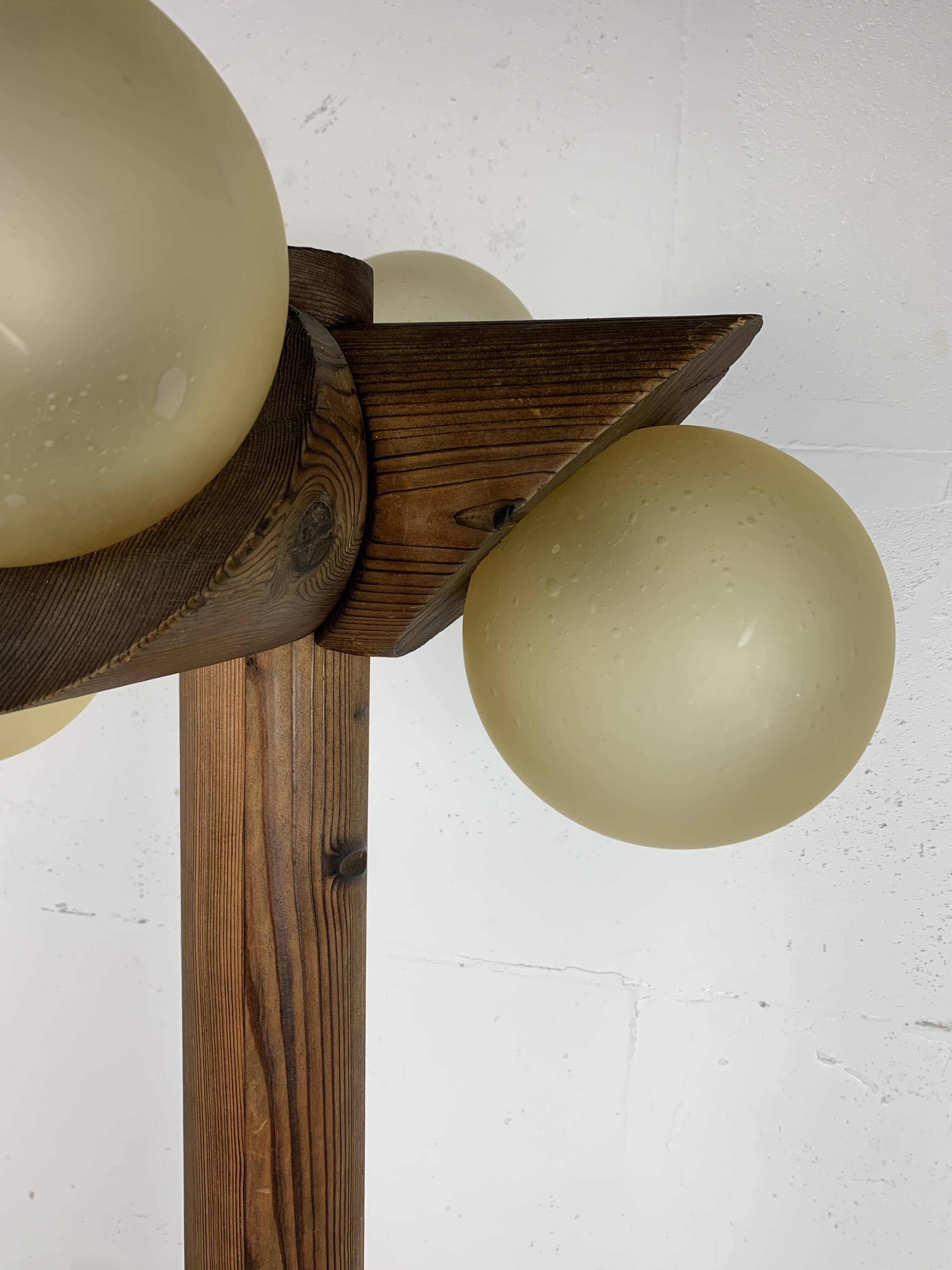 Midcentury brutalist oak floor lamp with 4 spheres, 1970s  by Temde Leuchten