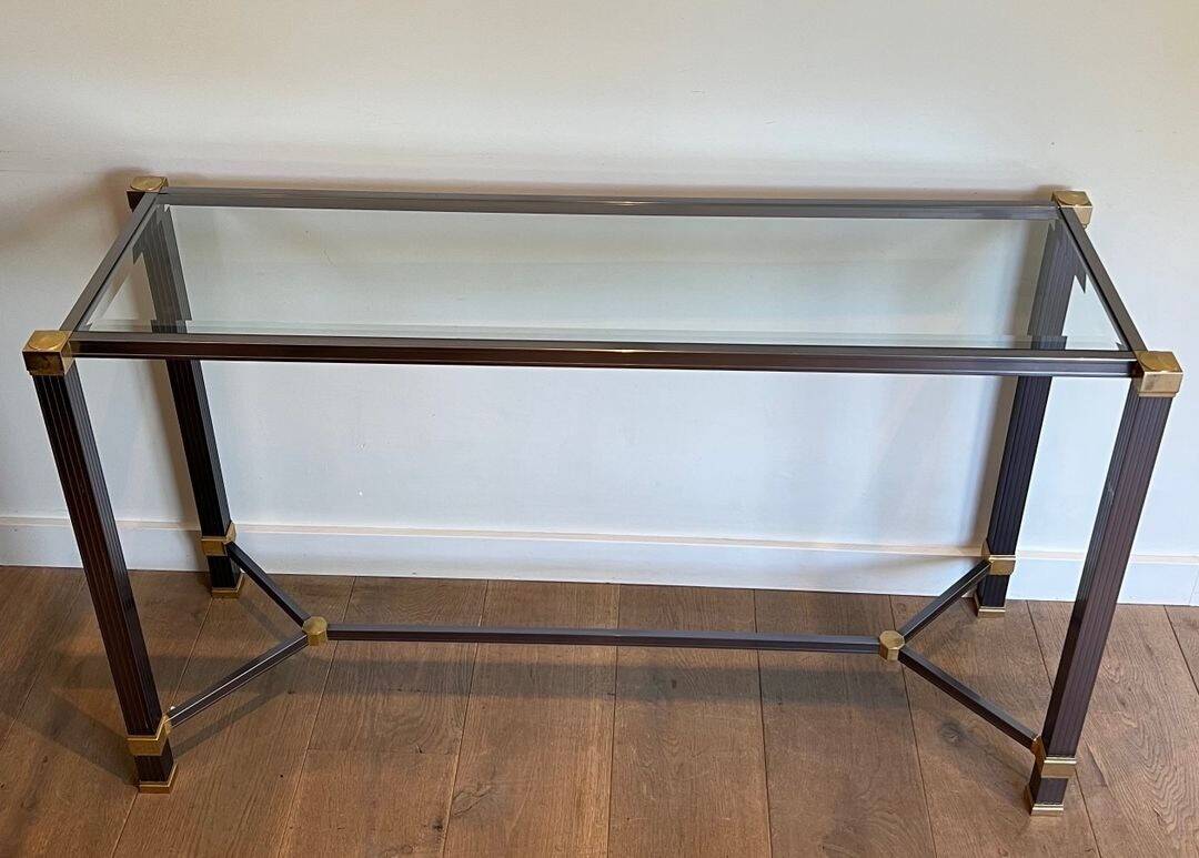 Glass Top Console in Lacquered Aluminium and Gold Metal, Pierre Vandel,