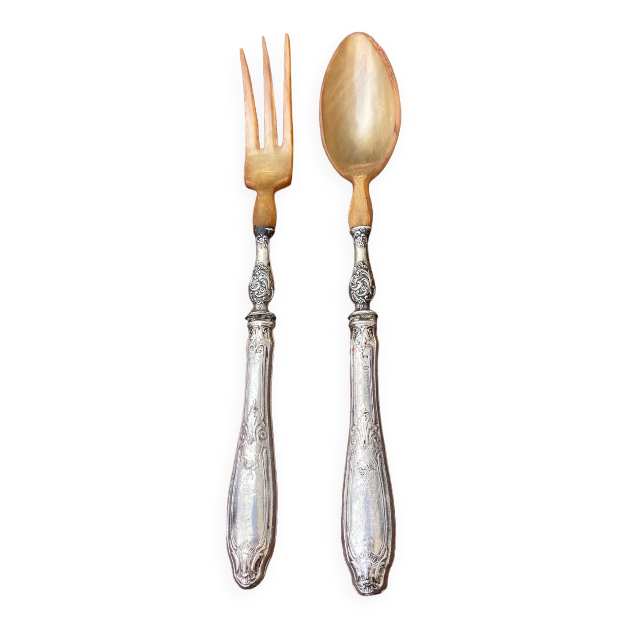 Salad cutlery in silver filled and horn early twentieth century