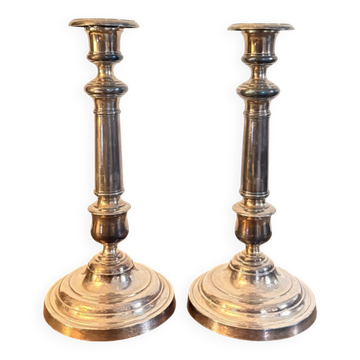 Pair of Silvered Metal Baluster Candle Holders in Louis XV Style, 19th Century Candelabra