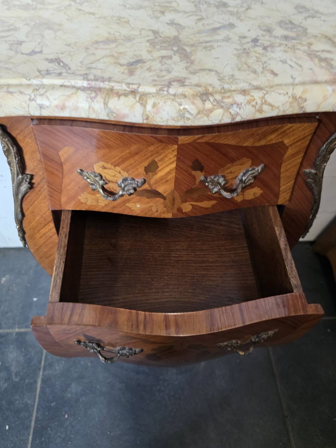 Louis XV style curved bedside table in marquetry
