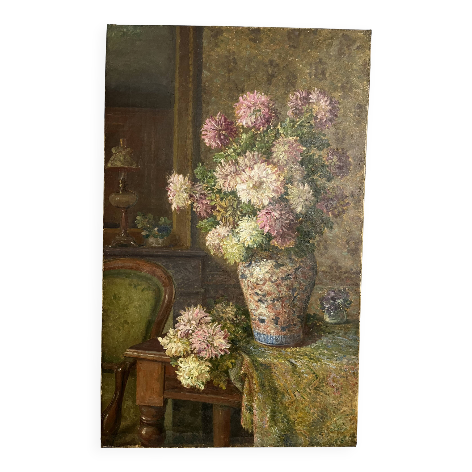 Large antique painting of lilacs in an interior – oil on canvas from the 19th century.