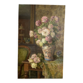 Large antique painting of lilacs in an interior – oil on canvas from the 19th century.