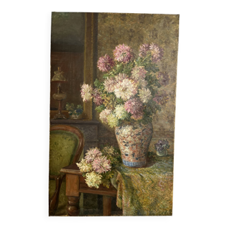 Large antique painting of lilacs in an interior – oil on canvas from the 19th century.