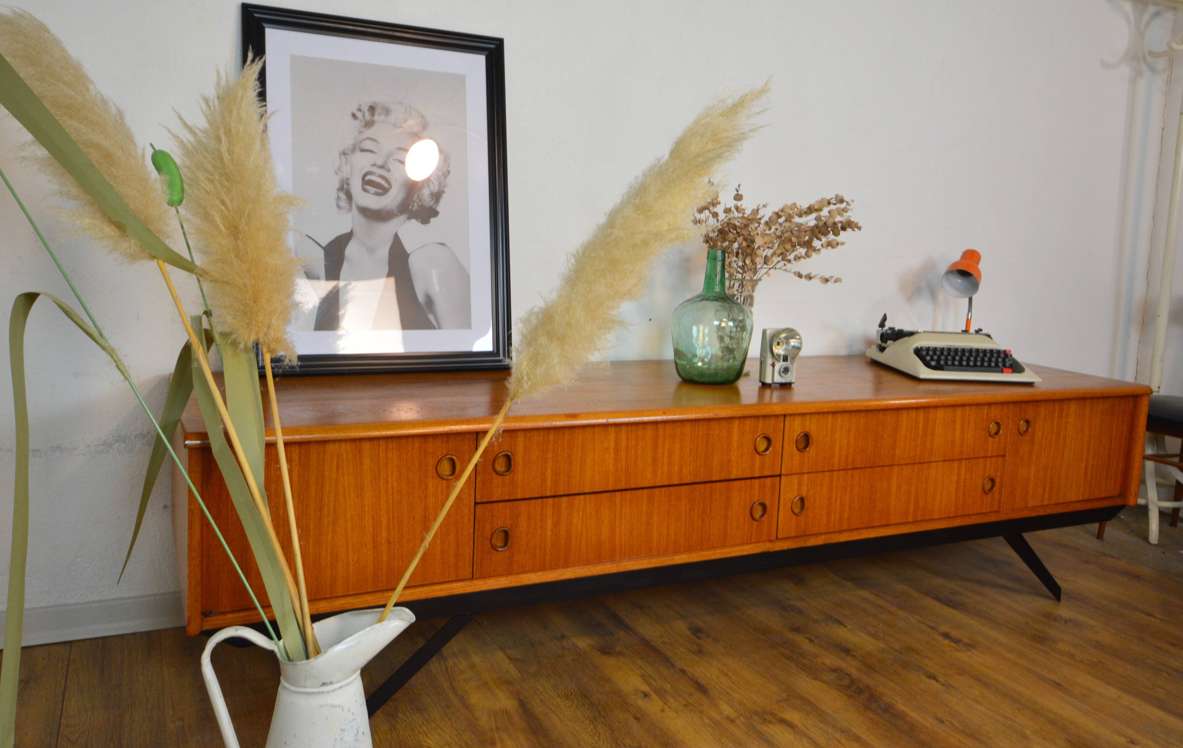 Low Scandinavian teak sideboard Metal